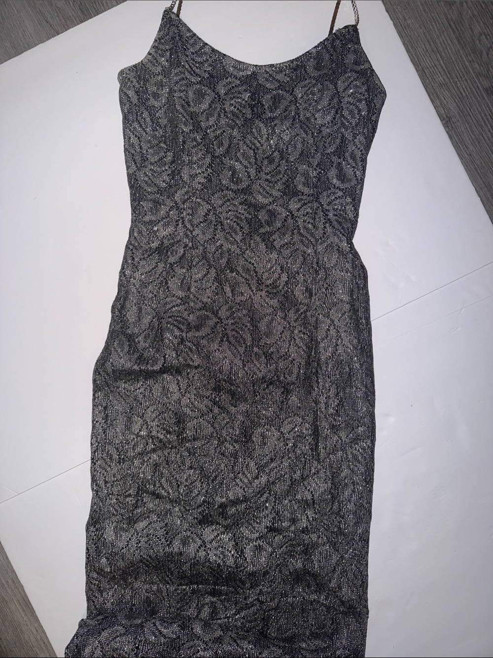 Cache Metallic Black Lace-Pattern Slip Dress